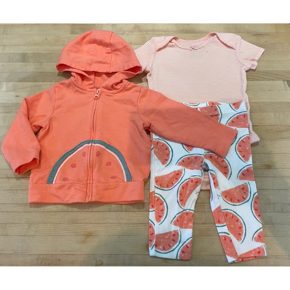 Carters 3 Piece Set Coral Watermelon Sweatshirt, One Piece Tee & Pants 6 Months